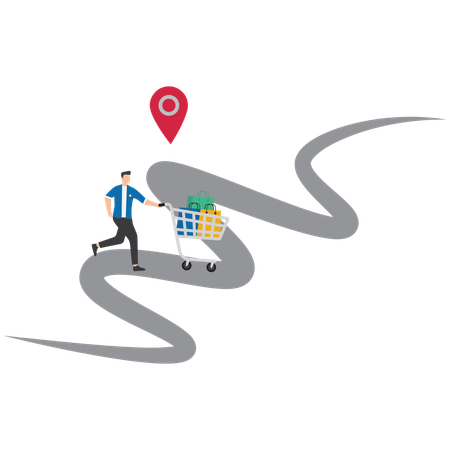 Man pushing shopping cart on customer journey path  Illustration