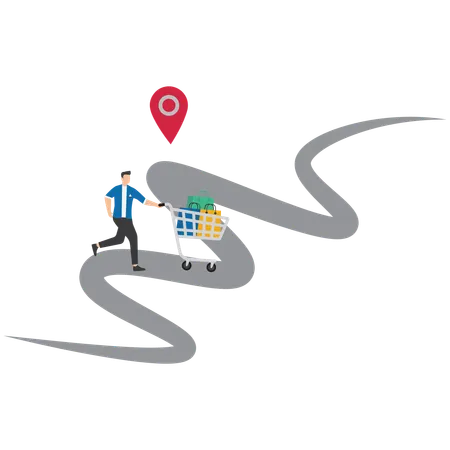 Man pushing shopping cart on customer journey path  Illustration