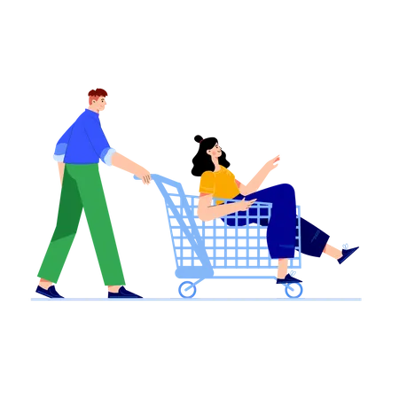 Man pushing shopping cart while girl sitting in cart  Illustration