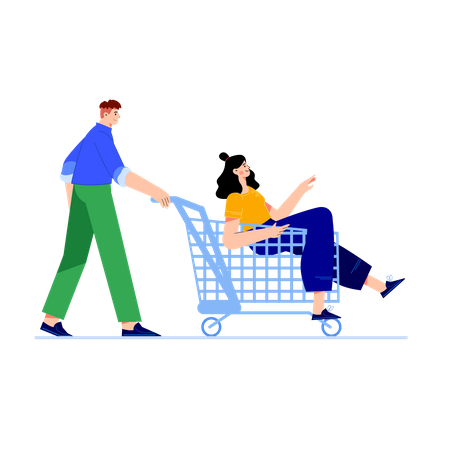 Man pushing shopping cart while girl sitting in cart  Illustration