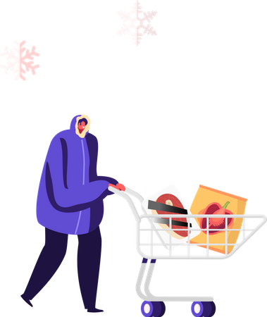 Man Pushing Shopping Cart with Frozen Food Packaging in Supermarket  Illustration