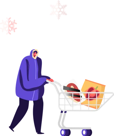 Man Pushing Shopping Cart with Frozen Food Packaging in Supermarket  Illustration