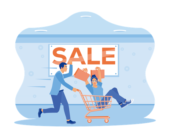 Man Pushing Shopping Cart With Woman  Illustration