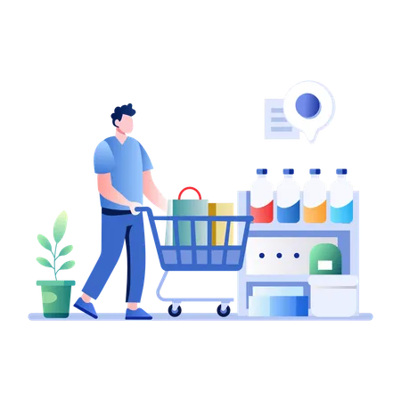 Man pushing Shopping Trolley  Illustration