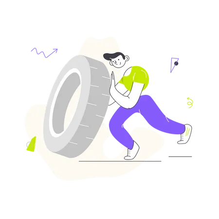 Man pushing tyre  Illustration