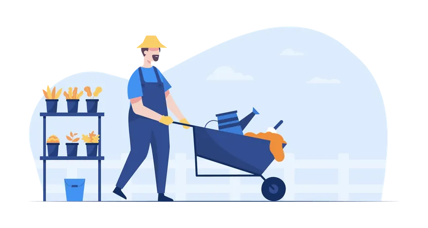Man pushing wheelbarrow with farming equipment  イラスト