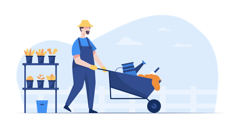 Man pushing wheelbarrow with farming equipment  Illustration