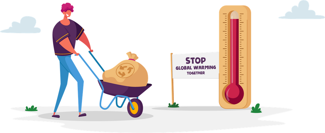 Man Pushing Wheelbarrow with Garbage Sack for Recycling Passing Huge Thermometer with High Temperature on Earth  Illustration