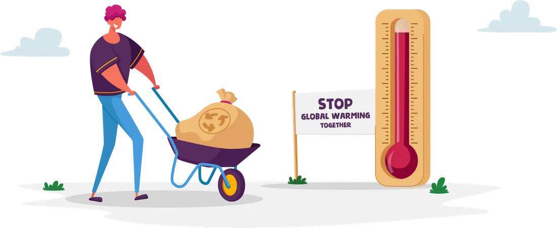 Man Pushing Wheelbarrow with Garbage Sack for Recycling Passing Huge Thermometer with High Temperature on Earth  Illustration