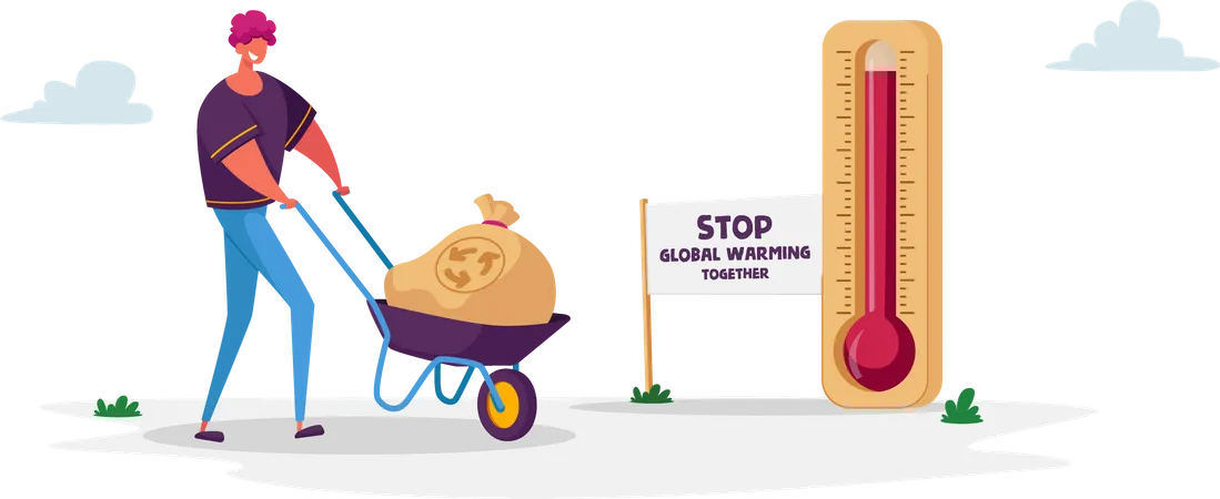 Man Pushing Wheelbarrow with Garbage Sack for Recycling Passing Huge Thermometer with High Temperature on Earth Illustration