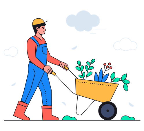 Man pushing wheelbarrow with plants  Illustration