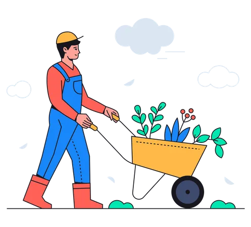 Man pushing wheelbarrow with plants  Illustration