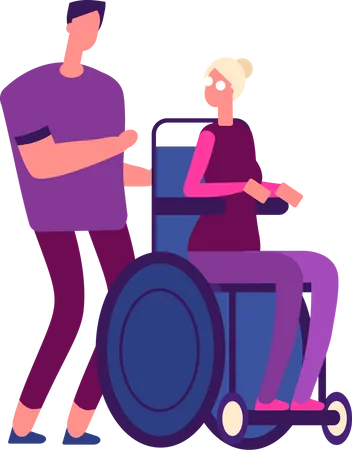 Man pushing wheelchair of handicapped woman  Illustration