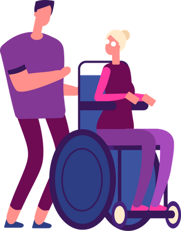 Man pushing wheelchair of handicapped woman  Illustration