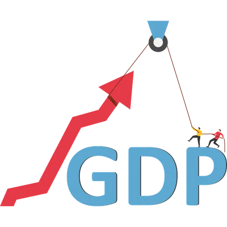 Business Person Use A Fixed Pulley To Pull The Arrow Upwards In An Effort To Increase GDP Illustration