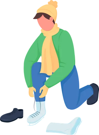 Man Put On Skates Semi Flat Color Vector Character Dynamic Figure Full Body Person On White Preparing For Winter Ride Isolated Modern Cartoon Style Illustration For Graphic Design And Animation Illustration