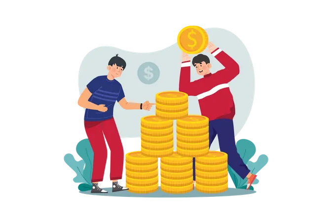 Man puts coins in a coins-pyramid  Illustration