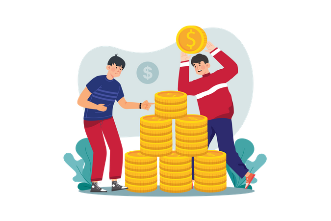 Man puts coins in a coins-pyramid  Illustration