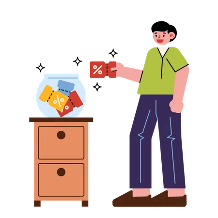 Man Puts Coupons In Jar  Illustration