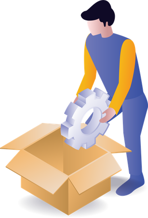 Man puts gear into cardboard box  Illustration