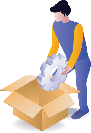 Man puts gear into cardboard box  Illustration