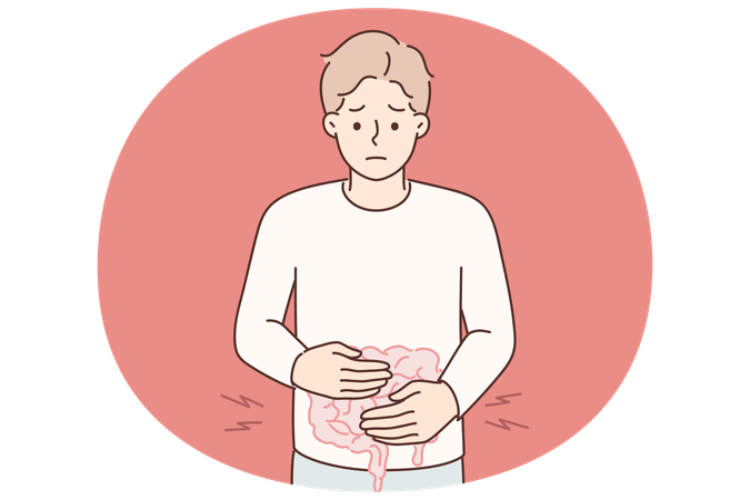 Man puts hands on stomach feeling pain in intestinal due to malnutrition or fast food poisoning  Illustration