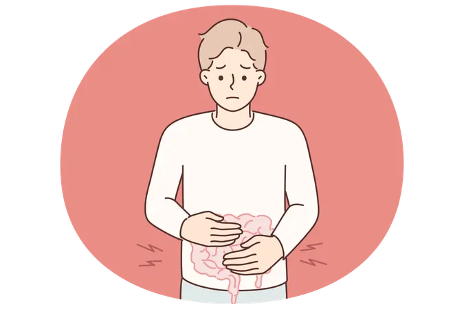 Man puts hands on stomach feeling pain in intestinal due to malnutrition or fast food poisoning  Illustration