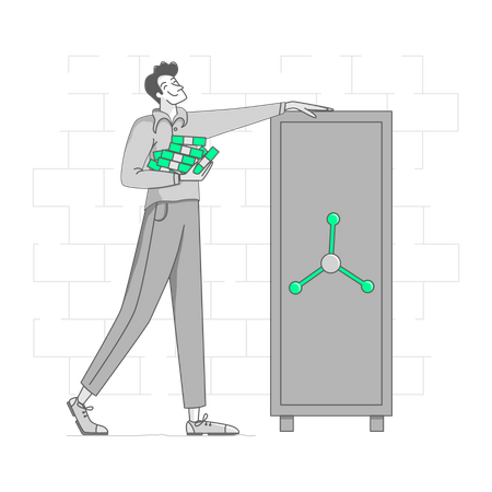 Man puts his money in a big safe  イラスト