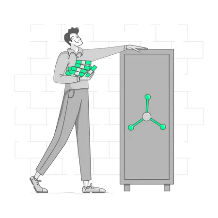 Man puts his money in a big safe  イラスト