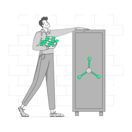 Man puts his money in a big safe  Illustration