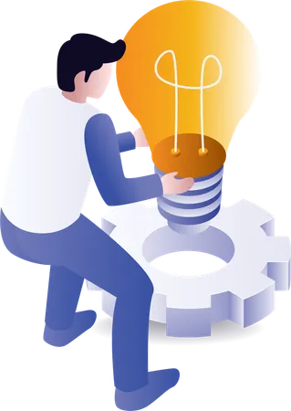 Man puts idea lamp on gear  Illustration