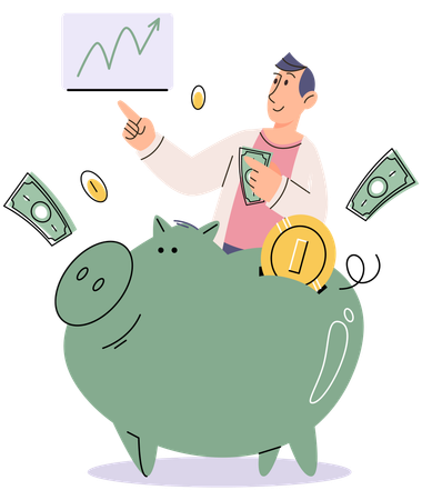 Man puts money in piggy bank with coins and dollar bills  Illustration