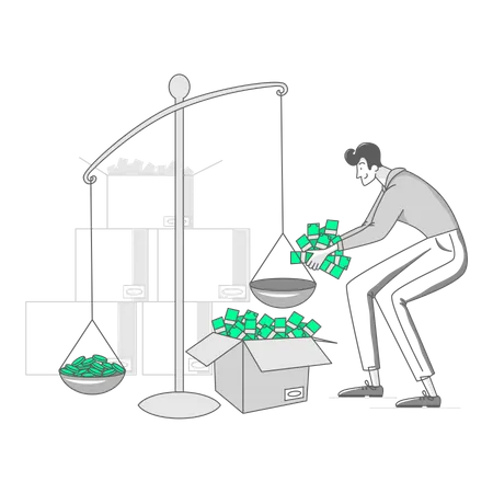 Man puts money on the scales Illustration
