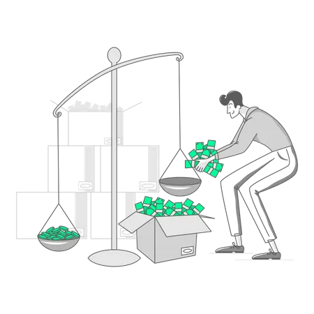 Man puts money on the scales  Illustration