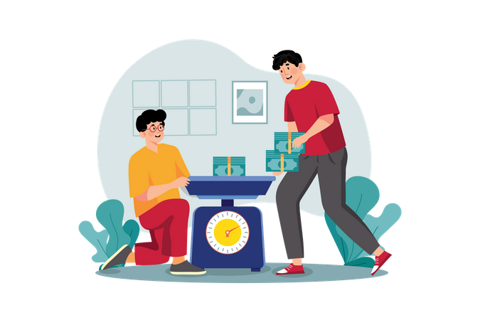 Man puts money on the scales  Illustration