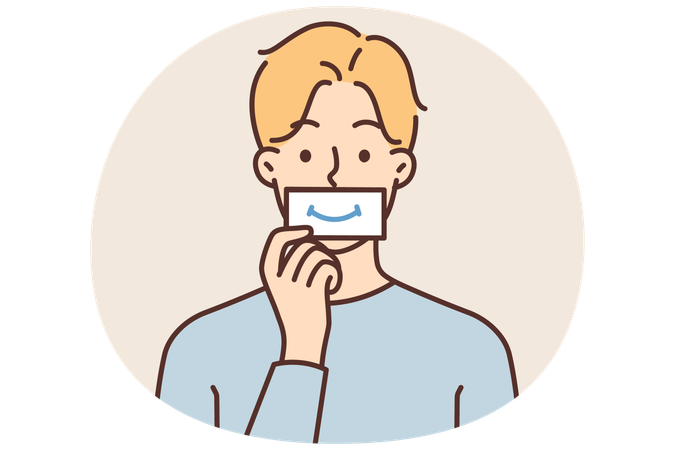 Man puts piece paper with image of smile to mouth wanting to fake positive emotions during stress  Illustration