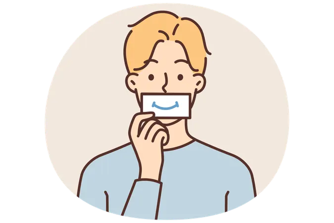 Man puts piece paper with image of smile to mouth wanting to fake positive emotions during stress  Illustration