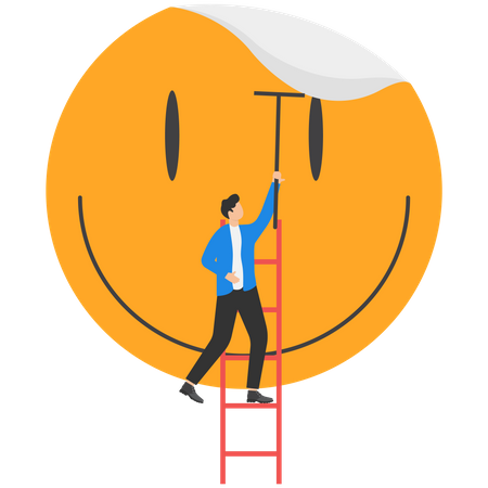 Man putting a giant smile sticker on the wall  イラスト