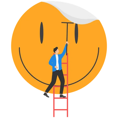 Man Putting A Giant Smile Sticker On The Wall Happiness Joy Summertime Concept Flat Vector Illustration Illustration