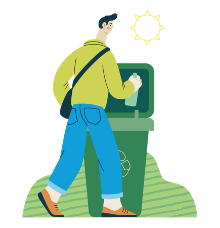 Man putting a glass bottle into the garbage container for glass waste Illustration