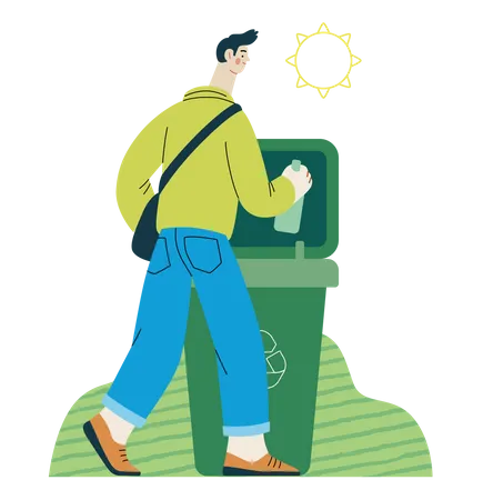 Man putting a glass bottle into the garbage container for glass waste Illustration