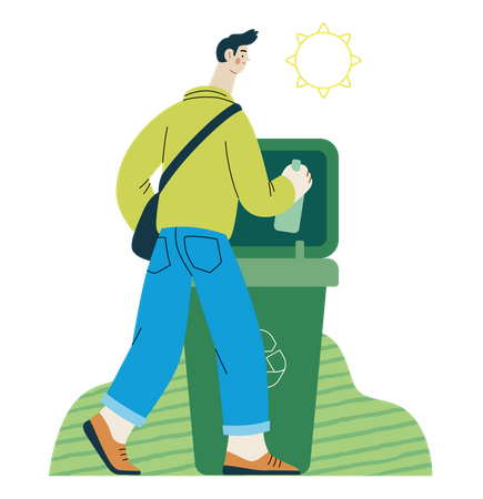 Man putting a glass bottle into the garbage container for glass waste  Illustration