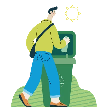 Man putting a glass bottle into the garbage container for glass waste  Illustration