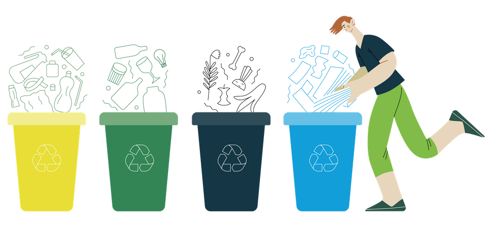 Man putting a paper journals into the garbage container Illustration