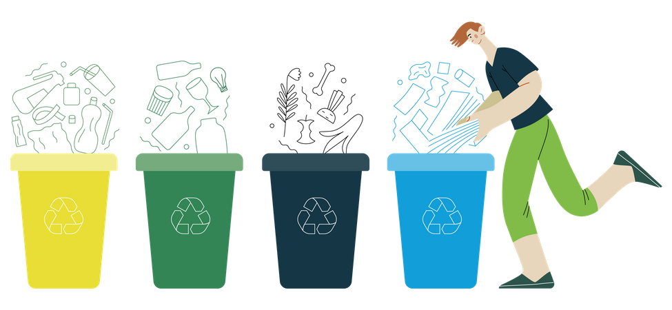 Man putting a paper journals into the garbage container  Illustration