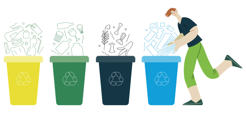 Man putting a paper journals into the garbage container  イラスト