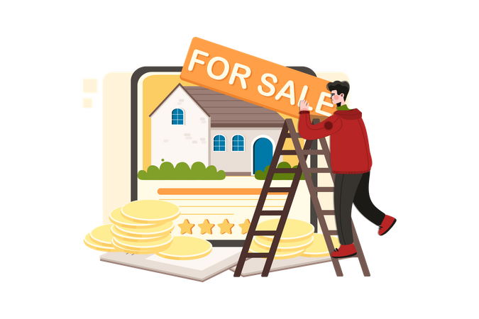 Man putting an ad for house selling Illustration