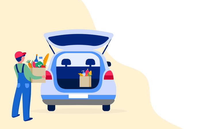Man putting bag of grocery in car Illustration