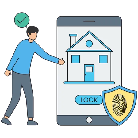 Man putting biometric lock in house  Illustration