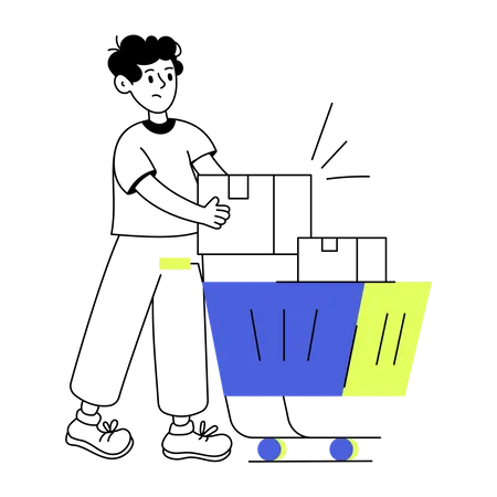 Man putting box in Shopping cart  Illustration